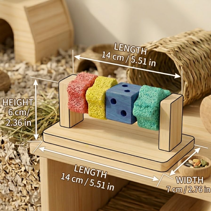 Hamster Chew Toys with Rotatable Wooden Stand, 5.5 Inch Teeth Grinding Stone Blocks, Rat Chew Toys for Pet Rats Enrichment, Guinea Pig Chew Toys for Teeth, Gerbil & Chinchilla Chews