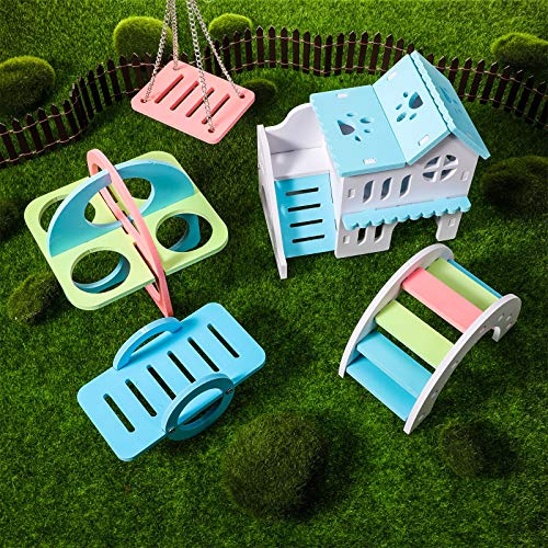 Skylety 5 Pcs Hamster Toys Include Wooden Accessories Hamster House Guinea Pig Hideout Rainbow Bridge Seesaw Swing Exercise Circle Cage Toy for Small Animals(6.3 x 3.93 x 5.5 Inch,Blue) - color: Blue