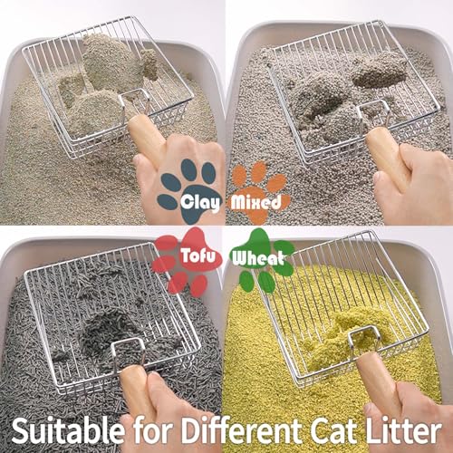UFECODO Fast Sifting Cat Litter Scoop with Holder Stand, Stainless Steel Poop Scooper with Ergonomic Wood Handle, Heavy Duty and Easy Clean - size: 0.3inch gap
