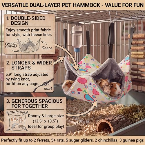 petonfun 2 Pack Ferret Rat Hammock Tunnel for Cage Accessories Toy Bed,Grey | Large Size, Wider Tube, Double Sided, Durable & Soft, Hideout for Guinea Pig & Chinchilla to Hide, Suitable for Small Animals