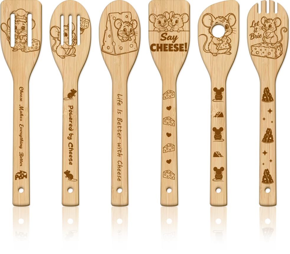 GLOBLELAND 6 Pcs Cartoon Mice Wooden Spoons Utensil Set Cheese Bamboo Carving Kitchen Cooking Utensils Cute Animals Wooden Engraved Cooking Spatula Set for Kitchen Fun House Warming Gift - color: Mice