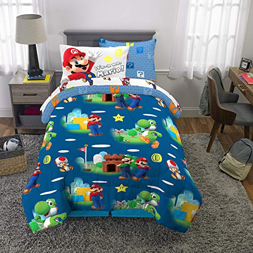 Super Mario Kids Bedding Set, Twin Size 5 Piece Comforter and Sheet Set with Sham, (Officially Licensed Product) by Franco - color: Mario, size: 5 Piece Twin Size