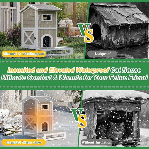 Outdoor Cat House Weatherproof Cats Shelter for Feral Kitten Pet Houses for 1-2 Small Animlas 2 Story Wooden Houses for Indoor Outdoor Cats with Escape Doors (29.7"D x 22.8"W x 35.4"H In) - style: 29.7"D x 22.8"W x 35.4"H In