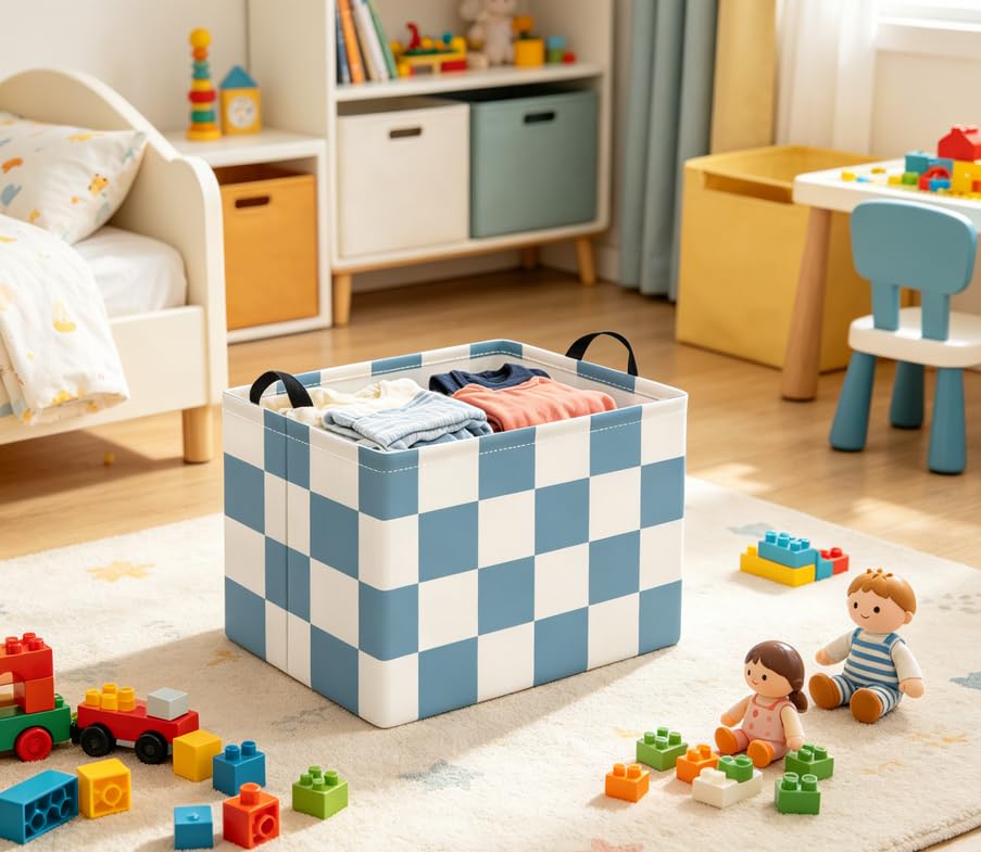 Rectangular Baby Kids Storage Basket for Home Kitchen Girls Cute Toy Storage Bin Organizer Shelf Book Room Decor(Blue Checkered) - color: Blue Checkered