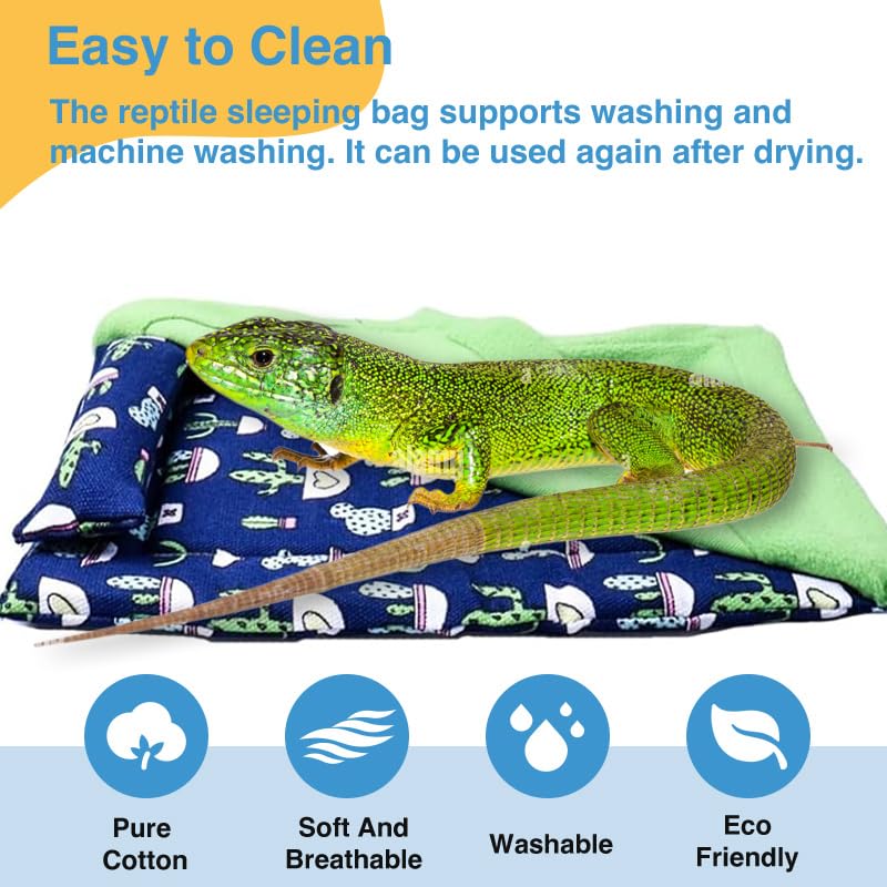 Bearded Dragon Hammock Sleeping Bag Set- Hanging Pet Bed with Pillow and Blanket Hideout Habitat with Soft Warm for Bearded Dragon Lizard Leopard Gecko and Small Pet Animal（Blue + Green Quilt） - color: Blue + Green Quilt