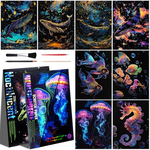 Gersoniel 8 Pack Scratch Paper Art Glow in The Dark Scratch Kit for Adult Rainbow Painting Paper Sheet with Pen / Cleaning Brush Noctilucent Engraving Scratchboard for Adults Craft Gift, Stress Relief - color: Whale,Jellyfish