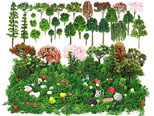 72 Pcs Miniature Garden Accessories Mini Moss Garden Animals Rabbit Owl Miniature Figurines Fake Diorama Trees Natural Outdoor Sheet for DIY Fairy Craft Decor