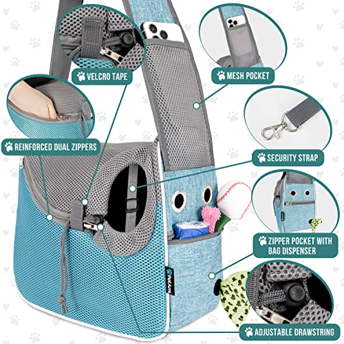PetAmi Dog Sling Carrier for Small Dogs, Hands Free Crossbody Carrier, Blue | Under 10 lbs, Puppy Cat Pet Travel Gift, Breathable Mesh, Padded Strap, Removable Sherpa Bed, Pockets & Poop Bag Dispenser - color: Teal Blue