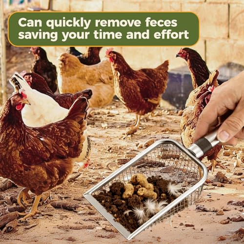 2 Pack Stainless Steel Metal Chicken Cat Poop Scooper(3.8mm+5.0mm) | Coop Scoop Shovel, Chicken Coop Cleaning Tool, Sifting Rake for Chicken Litter, Ergonomic Handle, Easy to Clean