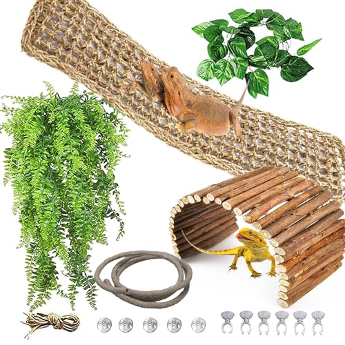 kathson Reptile Hideout Wooden Bridge Bearded Dragon Hammock Reptiles Jungle Climbing Vines Flexible Leaves Bearded Dragon Accessories for Lizard Gecko Chameleon Snake Hamster(5 Pcs)