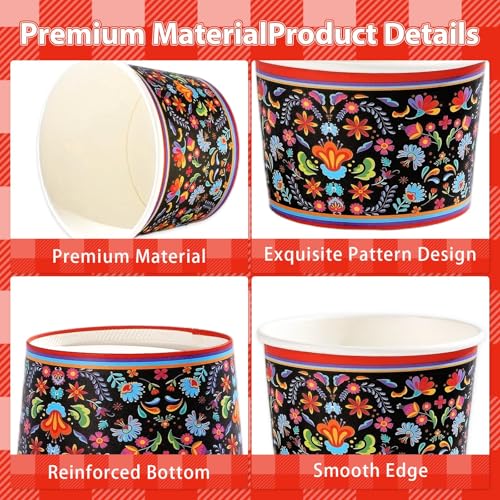 120Pcs 12oz Mexican Ice Cream Cups for Hot or Cold Food | Mexican Floral Treat Snack Cups Fiesta Cinco De Mayo Large Dessert Bowl for Food Yogurt Soup Sundae Mexico Birthday Supplies - style: Mexico Black Cups