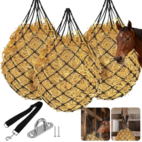3 Pcs 47" Hay Nets for Horses with Straps & Hooks | Slow Feed Hay Bags for Horses, Hanging Hay Net Feeder, Heavy Duty, For Stall, Fence, Trailer, Goats & Sheep