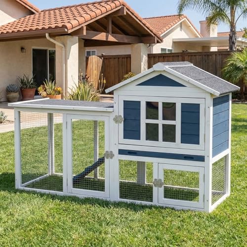 Large Outdoor Rabbit Hutch with Waterproof Asphalt Roof, 54.7” x 22.6” x 34” Wooden Bunny Cage for 2 Rabbits, Guinea Pigs & Chickens, Easy-Clean Pull-Out Tray & Anti-Rust Metal Door