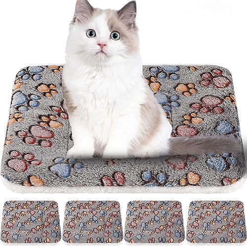 4 Pack Ultra Soft Dog Cat Bed Mat Small Animal Guinea Pig Bed with Cute Print Reversible Fleece Dog Crate Kennel Pad Cozy Washable Thickened Hamster Pet Beds Mat(13 x 19 Inches,Gray) - color: Gray, size: 13 x 19 Inches
