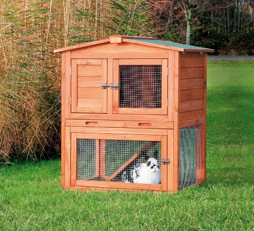 TRIXIE natura Outdoor Rabbit Hutch with Run - Small 2-Story Rabbit Cage with Non-Slip Ramp - Elevated Small Animal House with Secure Playpen, Hinged Roof & Pull-Out Tray - in Natural - style: Single Rabbit Hutch with Run