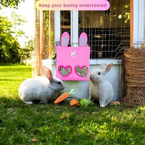 Hanging Rabbit Hay Feeder Bag with Chew Toys Set, Guinea Pig Hay Feeder, Bunny Feeders Holder Storage for Small Pets Bunnies Chinchilla Guinea Pigs Hamster Rats (Pink) - color: Pink