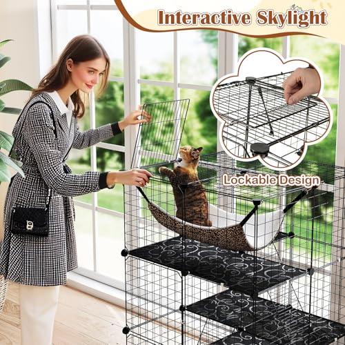 Tangkula Cat Cages Indoor, 3-Tier Cat Enclosure with Skylight, Extra Large Hammock, 2 Ladders, Detachable Metal Wire Kennel with 3 Lockable Doors, DIY Cat Crate & Pet Playpen Catio for 1-3 Cats Kitten - size: 29.0"L x 29.0"W x 42.0"H
