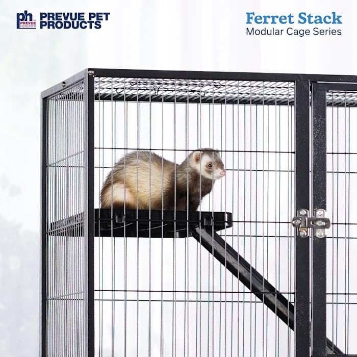 Prevue Pet Products Ferret Stacking Cage Add-On Unit - Extra Level with Ramps and Platform for Modular Ferret Habitat, Accessories for Cage Expansion with Shelves & Ladders for Climbing - Black
