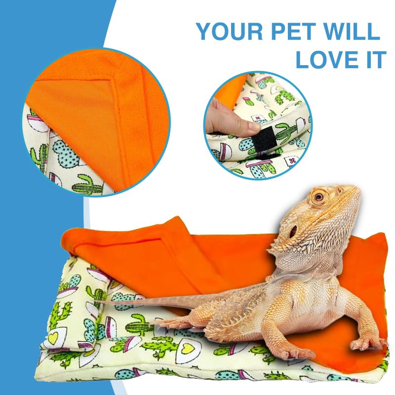 Bearded Dragon Hammock Sleeping Bag Set- Hanging Pet Bed with Pillow and Blanket Hideout Habitat with Soft Warm for Bearded Dragon Lizard Leopard Gecko and Small Pet Animal（Beige + Orange Quilt） - color: Beige + Orange Quilt