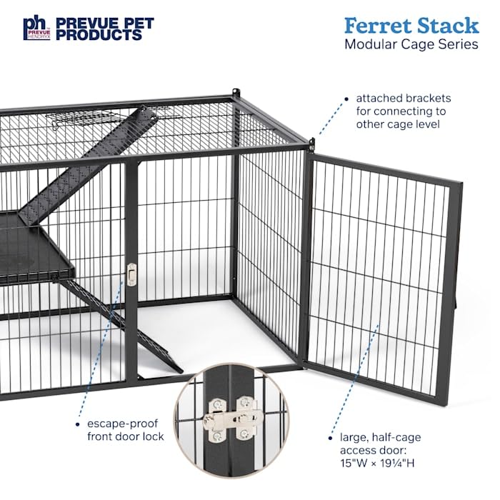 Prevue Pet Products Ferret Stacking Cage Add-On Unit - Extra Level with Ramps and Platform for Modular Ferret Habitat, Accessories for Cage Expansion with Shelves & Ladders for Climbing - Black