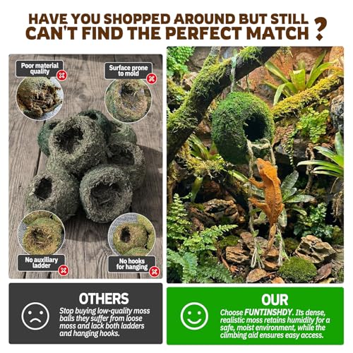 Moss Cave Hideout with Hanging Rope & Hemp Climbing Ladder – Natural Reptile Tank Decor Accessories for Crested Geckos, Chameleons, Tree Frogs, Leopard Geckos & Snakes. Terrarium & Vivarium Decor (4") - size: 4"
