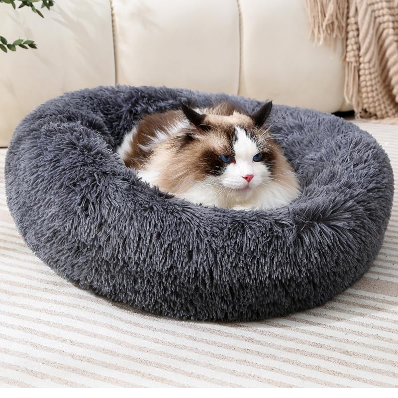 Cat Bed Dog Bed Donut Comfort Pet Bed Cats Cave Small Puppy Bed Rabbit Beds Cat Pillow Warm Bed Bunny Bed Kitten Cave UP to 7 Lbs Small pet - color: Dark Gray, size: 35CM