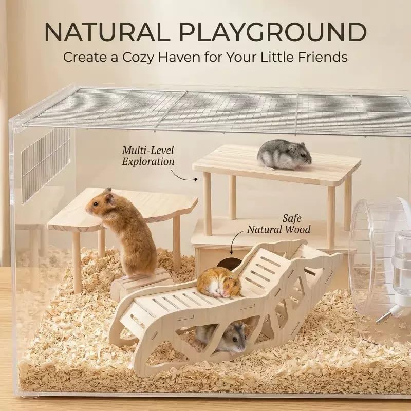 4PCS Wooden Hamster Platform Set, Tunnel Ladder Playhouse Hamster Game Climbing Toy with Ladder Platform Table Climbing Ramp, Cage Decor for Syrian Dwarf Hamsters, Gerbils, Mice