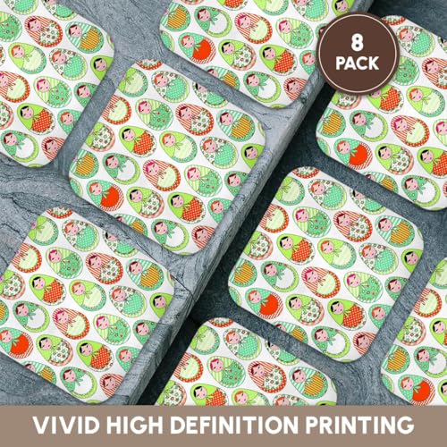 3dRose CST_58631_2 Cute Russian Matryoshka Nesting Dolls Print Warm Colors Soft Coasters, White, Set of 8