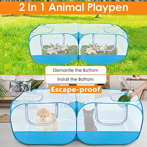 Lukovee Small Animals Playpen, Foldable Pet Playpen, 73"x36"x25" | Escape-Proof Detachable Bottom, 4 Zipper Doors, Breathable, Pen for Puppy Chicken Duck Kitten Rabbits Run Outdoor Yard , Blue - color: Blue - with Escape-proof Bottom