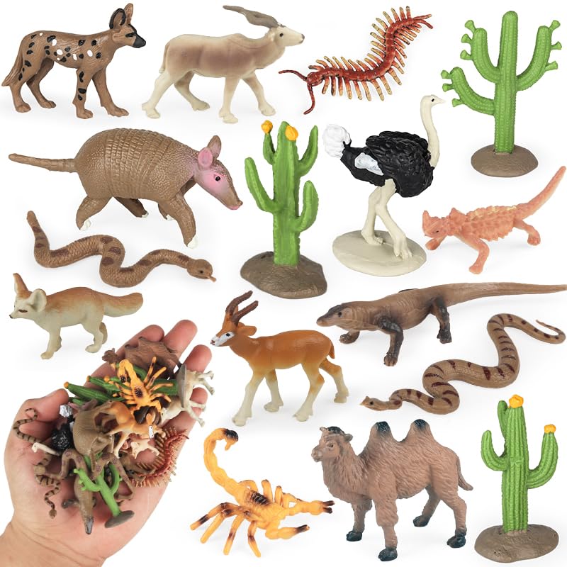 16pcs Desert Animal Figures Playset with Cactus & Model Trees | Diorama Project with Fennec Fox Camel Rattlesnake Scorpion Lizard,Reptile Toys for Diorama Supplies Cake Toppers Party Decor