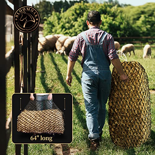 Bloomoak Slow Hay Net Feeder for Horses, Durable Soft Black PE 2String Hay Bales Bags with 2" Hole, Fit 36 * 18 * 18" Square Bale Easily… - color: 2 String-2" Hole-Slow Feed/1PC