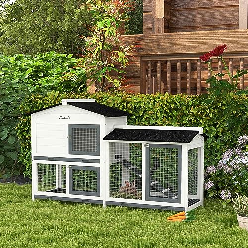 PawHut 62" Rabbit Hutch with Run Area for Rabbits, Chickens, White | Wooden Bunny Hutch, Guinea Pig Cage, Small Animal Enclosure, Removable Tray, Asphalt Roof, Lockable Doors, Ramp for Ducks - color: White