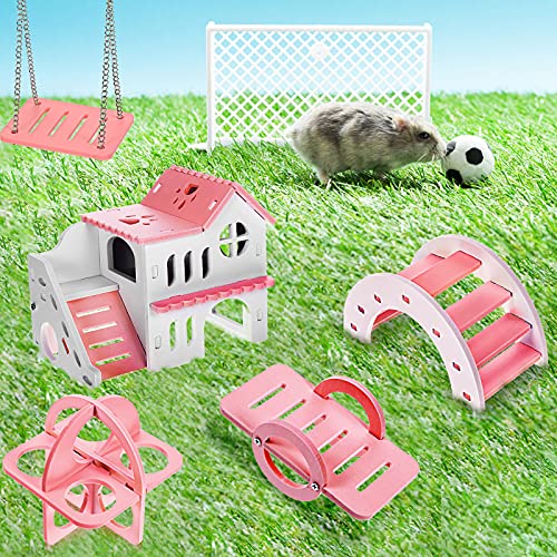 Skylety 5 Pcs Hamster Toys Include Wooden Accessories Hamster House Guinea Pig Hideout Rainbow Bridge Seesaw Swing Exercise Circle Cage Toy for Small Animals(6.3 x 3.93 x 5.5 inch,Pink) - color: Pink