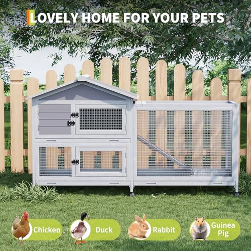 Garvee Wooden Rabbit Hutch, Bunny Cage with Wheels, Rabbit Cage with Chew-Proof Ramp and Pull Out Tray, Small Rabbir House for Guinea Pigs, Rabbit, Indoor Outdoor Use