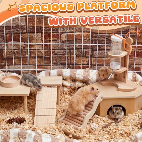 5 Pcs Hamster Cage Accessories, Wood Hamster Play Wooden Platform Water Bottle with Stand Climbing Set for Rat Mice Small Animals Pets Habitats Woodland Decor(Stair Landing) - style: Stair Landing