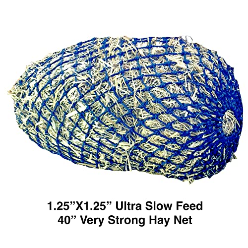 Majestic Ally 1.25”x1.25” Holes Ultra Slow Feed 40” Very Sturdy Hay Net with Bottom Ring for Goat, Sheep, Simulate Grazing and Reduces Waste (Royal Blue) - color: Royal Blue