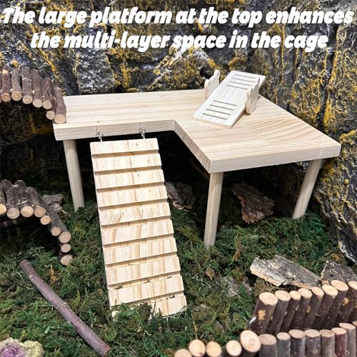 Wooden Hamster Platform with Legs, Large Syrian Hamsters Climbing Platforms with Ramp Kit Wood Ladder Bridge Rat Playing Toy Standing Table Gerbil Cage Accessories - size: Large
