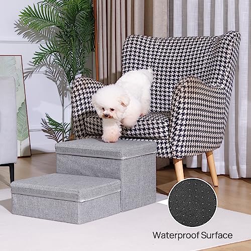 Linen Foldable Dog Stairs with Storage | 2-Step Pet Steps for High Beds & Couch, Non-Slip Dog Ladder for Small & Medium Dogs and Cats, Light Grey - color: Light Gray Linen