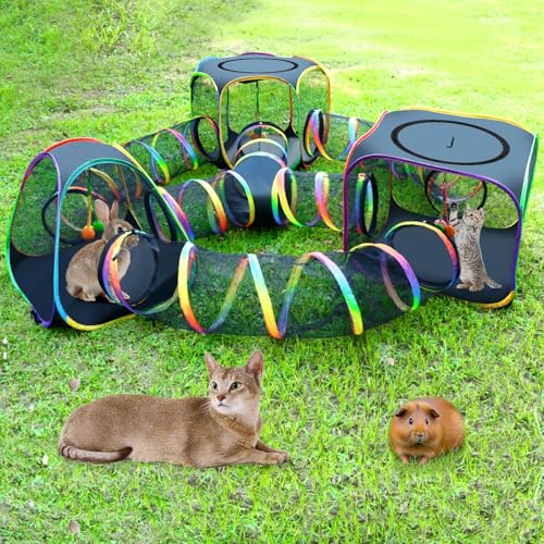 CypherX Outdoor Cat Enclosure, Portable Cat Tent with Tunnel Popup Catio | 7-in-1 modular design: 3 tents, 9.8" wide tunnels, scratch balls & storage bag. Durable setup for small animals & cats. - size: 7 in1 Maze(9.8"W)