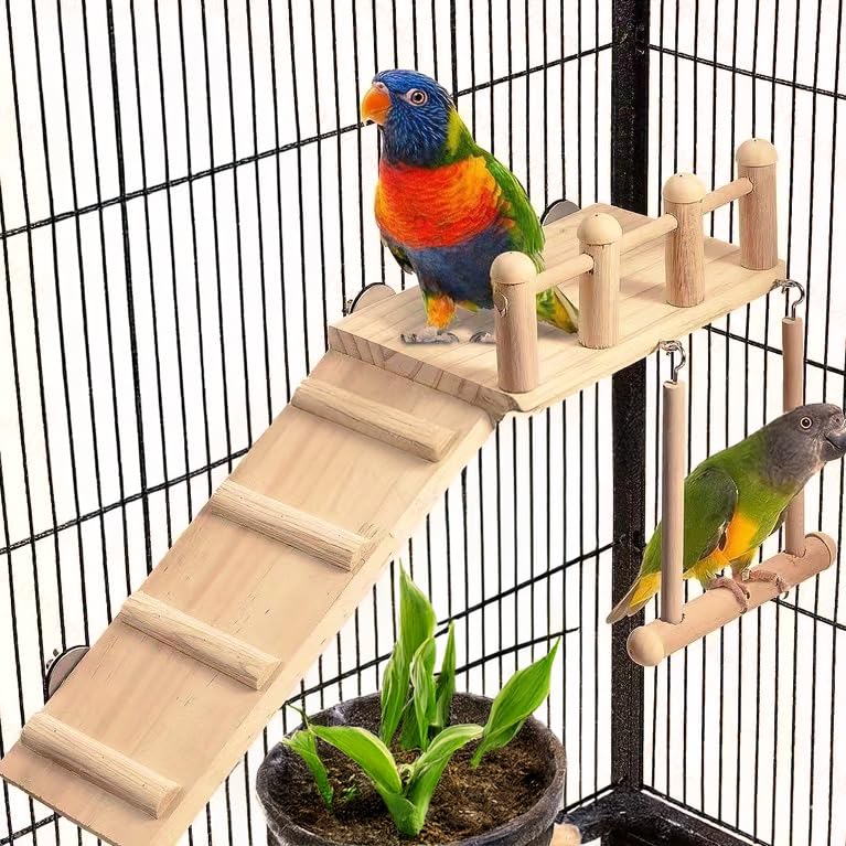 Wooden Bird Habitat Platform with Swing and Ladder - Sturdy Long Tailed Parrot cage Accessory, Suitable for Exercising and Entertaining Bird Games Gym - Perfect for Parrots, Canaries, Sparrows - size: 1