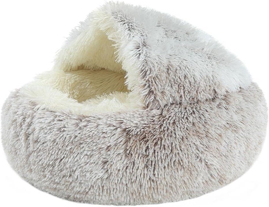 Cat Bed Round Fluffy Hooded Cat Bed Cave, Anti-Anxiety Cave Bed with Hooded Blanket, Cozy Cuddler Luxury Puppy Pet Bed, Anti-Slip Bottom and Machine Washable (Coffee, Medium) - color: Coffee, size: Medium