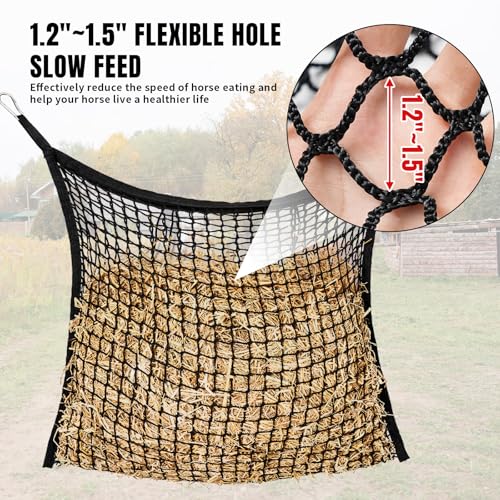 Slow Feed Hay Nets for Horses, Large Capacity Hay Bags, 4 Pack | 35 x 31 in, includes 8 carabiners,Black, heavy duty, hay feeder for horses and goats, easy to hang in stalls and trailers - size: 4PCS