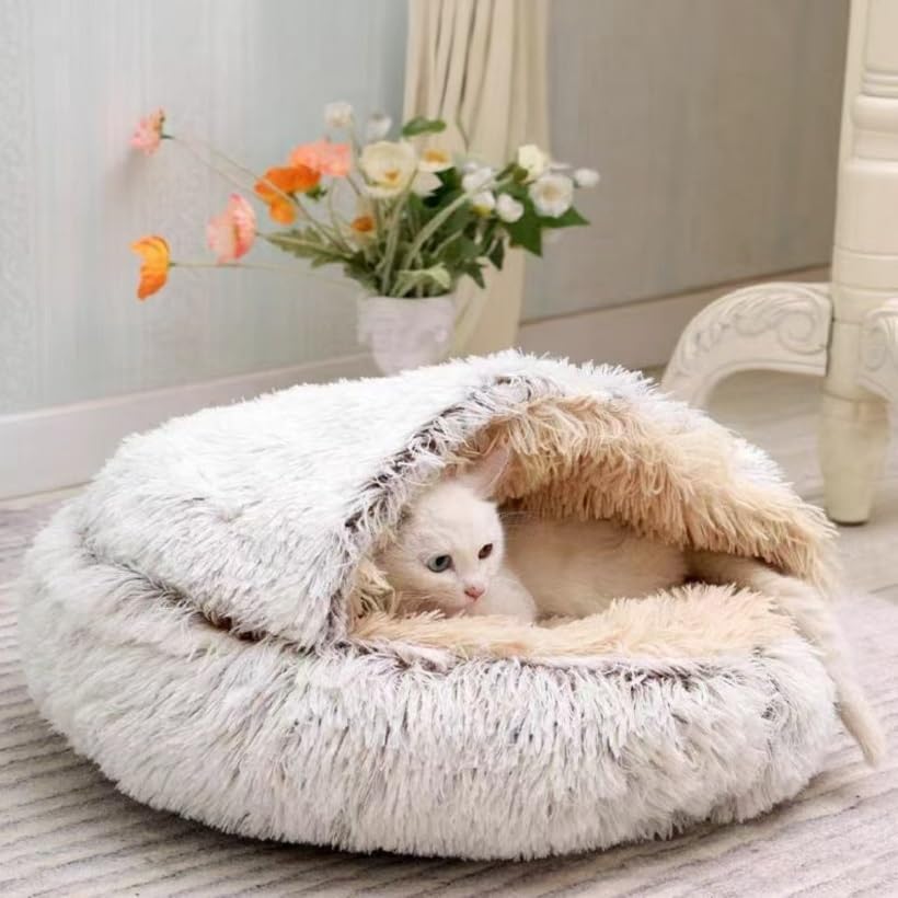 Round Fluffy Hooded Cat Bed Cave, Anti-Anxiety Cave Bed with Blanket | Hooded Cat Bed Cave, Cozy Cuddler Luxury Puppy Pet Bed, Anti-Slip Bottom and Machine Washable - color: Coffee, size: Large