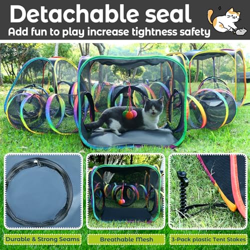 CypherX Outdoor Cat Enclosure, Portable Cat Tent with Tunnel Popup Catio | 7-in-1 modular design: 3 tents, 9.8" wide tunnels, scratch balls & storage bag. Durable setup for small animals & cats. - size: 7 in1 Maze(9.8"W)