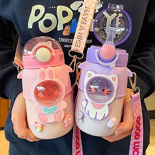 Kawaii Water Bottle Cute Water Bottles with Straw, Kawaii Bear Water Bottle with Adjustable Strap and Stickers - for School Outdoor Travel, BPA-Free, 24oz (Pink Rabbit) - color: Pink Rabbit