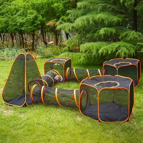 7 in 1 Outdoor Cat Enclosure, Foldable Pop-Up Mesh Playpen Tunnel for Pet Run, Foldable Outside Enclosed Tent Cage for Small Dogs, Rabbit and Other Animals - color: Orange