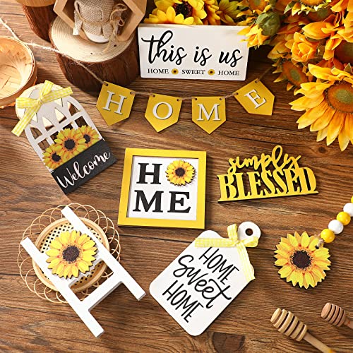 FairySandy 11 Pcs Sunflower Tiered Tray Decor Summer Rustic Home Farmhouse Tiered Tray Decorations Set Wooden Signs Vintage Farm Animal Farmhouse Tabletop Wood Signs for Kitchen Table Shelf Decor - style: Sunflower