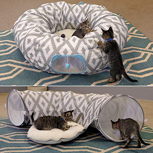 Kitty City Large Cat Tunnel Bed, 2-in-1 Zip-Together Cat Play Tunnel & Plush Nap Bed, Pop-Up Indoor Cat Toy with Hanging Toys, Collapsible Design - White - color: White