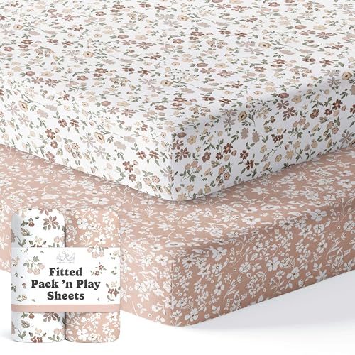 Pack and Play Sheets Fitted, Mini Crib Sheets for Graco Pack N Play Playard (38x26), Ultra Soft Organic Cotton Blend, Safe & Snug Playpen Mattress Sheet for Baby Boys & Girls – Fleurette, 2-Pack - color: Fleurette