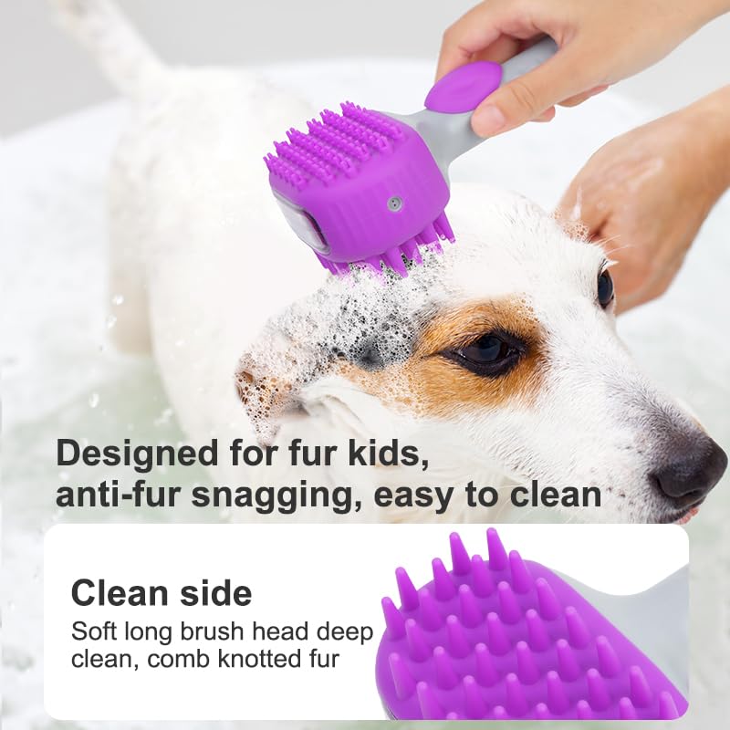Pet Dog Bath Brush, 2 in 1 Silicone Brush Bathing Grooming Massage Brush with 6.8oz Shampoo Dispenser for Long & Short Haired Dogs Cats Shower